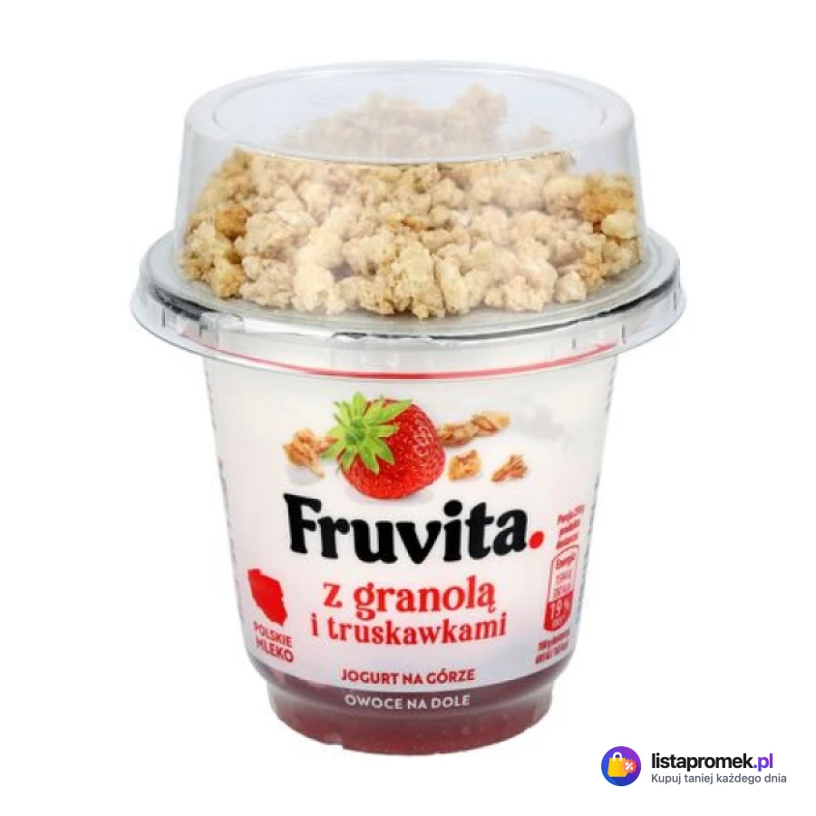 Jogurt z granolą Fruvita, 230 g, z truskawkami, z brzoskwiniami, z czarną porzeczką i porzeczkami