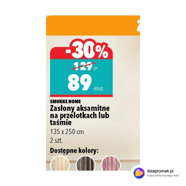 Zasłony aksamitne na przelotkach lub taśmie 135 x 250 cm