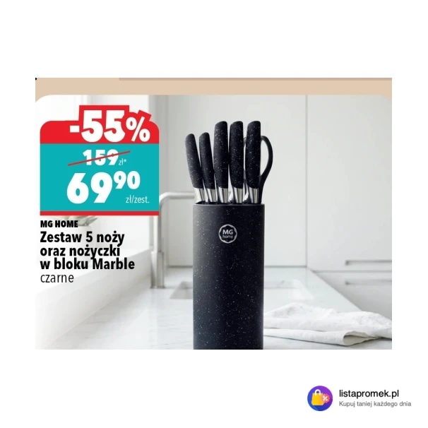 Zestaw 5 noży oraz nożyczki w bloku Marble czarne