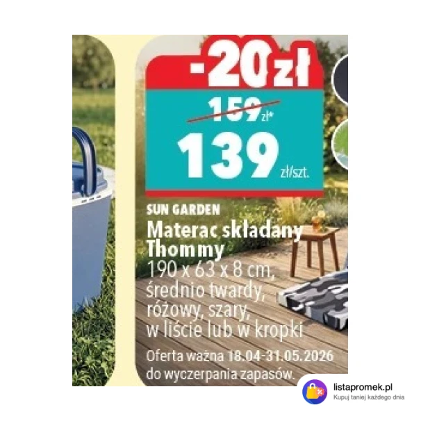 Materac składany Thommy 190 x 63 x 8 cm, średnio twardy, różowy, szary, w liście lub w kropki