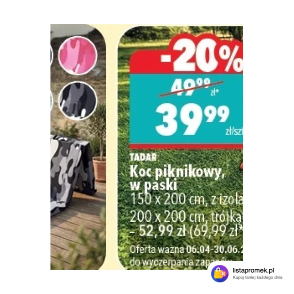 Koc piknikowy, w paski 150 x 200 cm, z izolacją