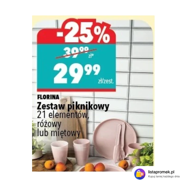 Zestaw piknikowy 21 elementów, różowy lub miętowy