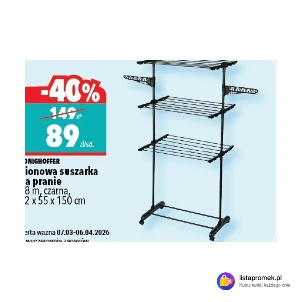 Pionowa suszarka na pranie 18 m, czarna, 72 x 55 x 150 cm