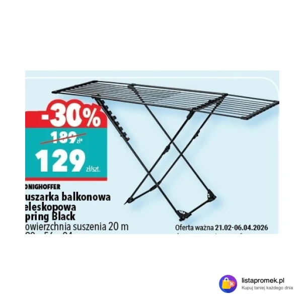 Suszarka balkonowa teleskopowa Spring Black powierzchnia suszenia 20 m 190 x 56 x 94 cm