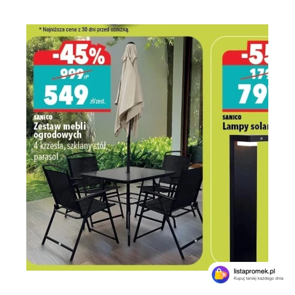 Zestaw mebli ogrodowych (4 krzesła, szklany stół, parasol)