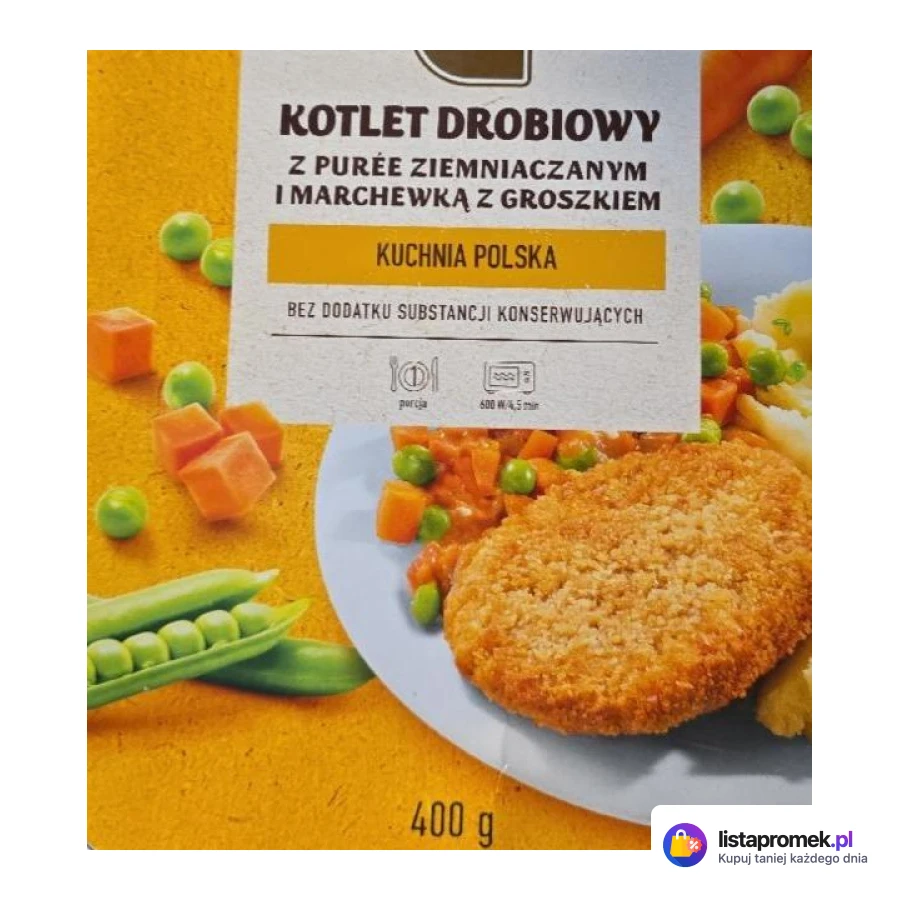 Kotlet mielony z purée ziemniaczanym i buraczkami lub kotlet drobiowy z purée ziemniaczanym i marchewką z groszkiem