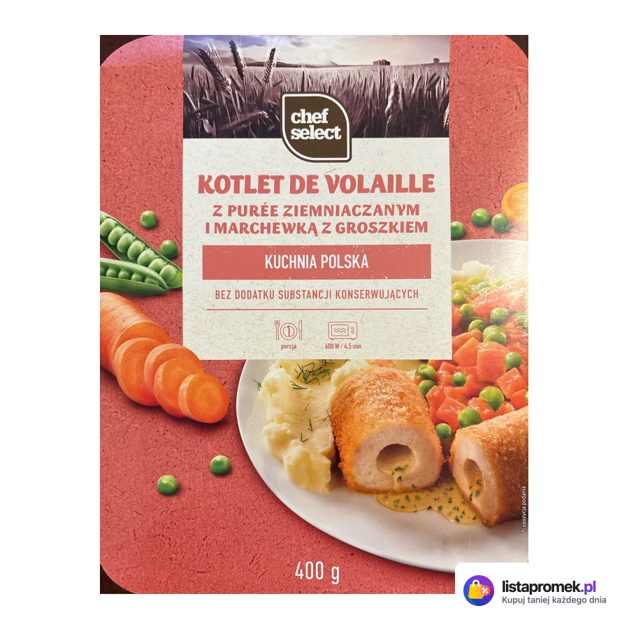 Kotlet de volaille z purée ziemniaczanym i marchewką z groszkiem lub kotlet schabowy z purée ziemniaczanym i kapustą zasmażaną