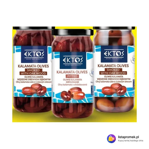 Oliwki kalamata Ektos 350/200 g: oliwki kalamata całe, kalamata drylowane, kalamata wędzone