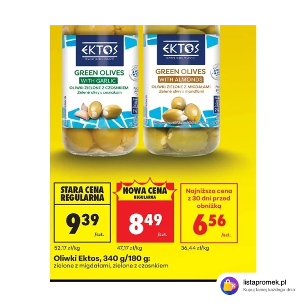 Oliwki Ektos, 340 g/180 g: zielone z migdałami, zielone z czosnkiem