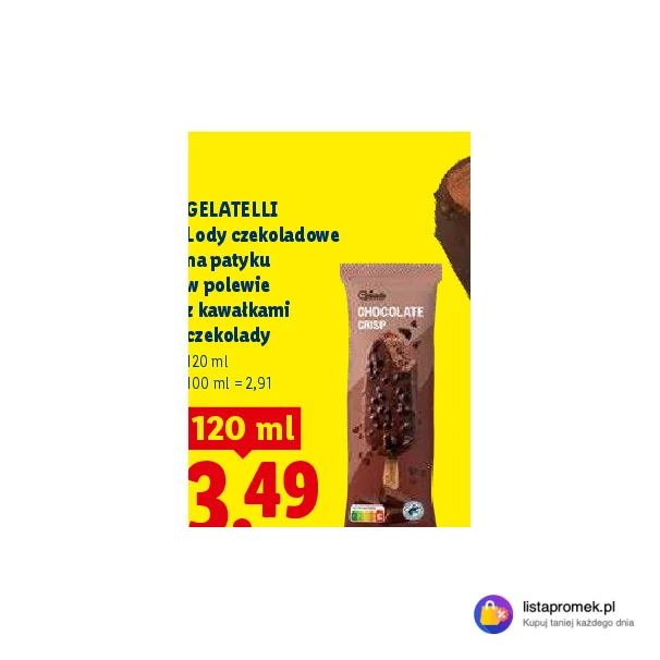 GELATELLI Lody czekoladowe na patyku w polewie z kawałkami czekolady