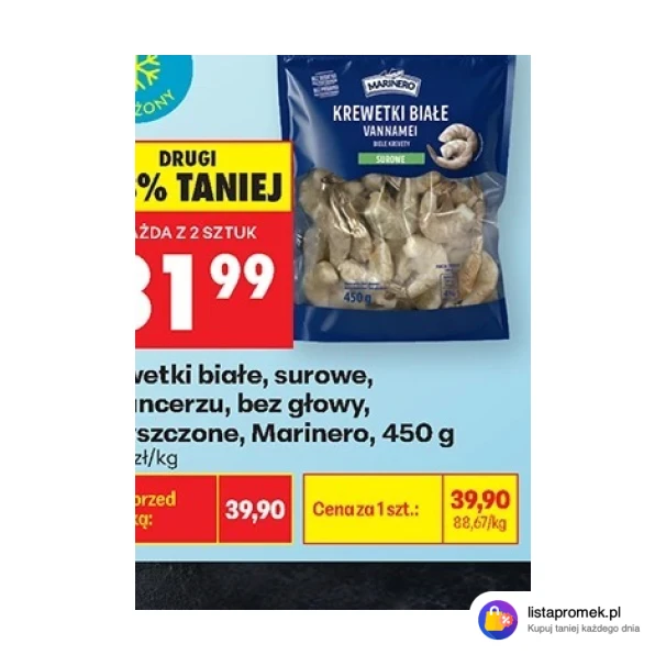 Krewetki białe, surowe, w pancerzu, bez głowy, oczyszczone