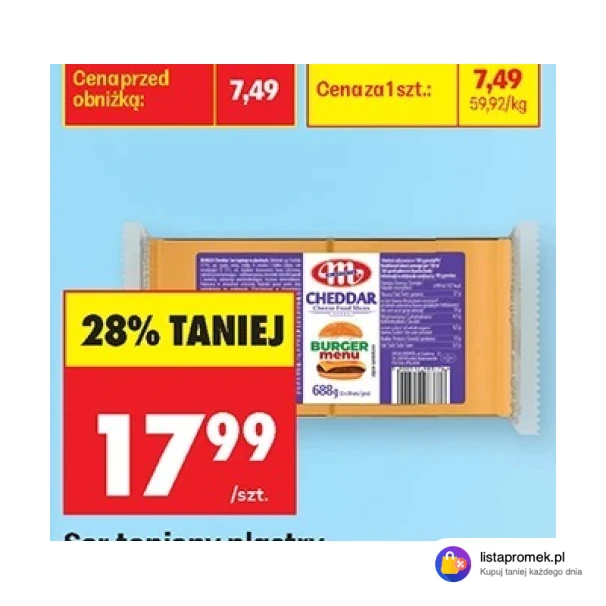 Ser topiony plastry cheddar burger, 688 g