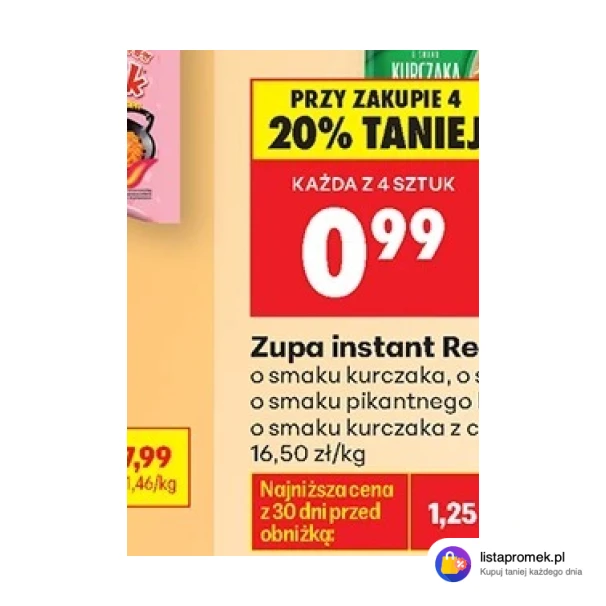 Zupa instant Reeva, 60 g: o smaku kurczaka, o smaku sera i boczku, o smaku pikantnego kurczaka, o smaku kurczaka z curry