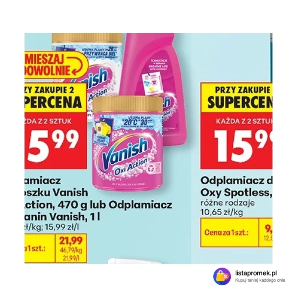 Odplamiacz w proszku Vanish Oxi Action, 470 g lub Odplamiacz do tkanin Vanish, 1 l