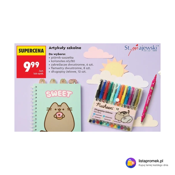 Piórnik-saszetka, kołonotes A5/80, zakreślacze dwustronne 6 szt., flamastry dwustronne 8 szt. lub długopisy żelowe 12 szt.