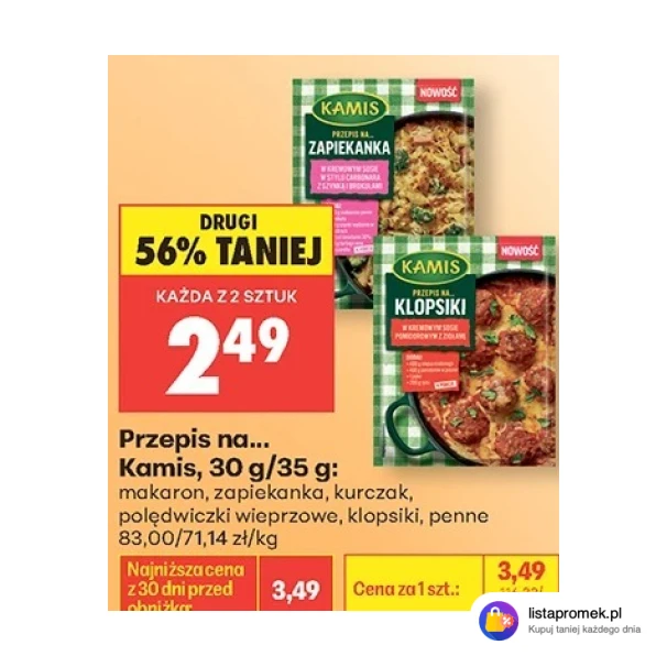 Przepis na... Kamis, 30 g/35 g: makaron, zapiekanka, kurczak, polędwiczki wieprzowe, klopsiki, penne