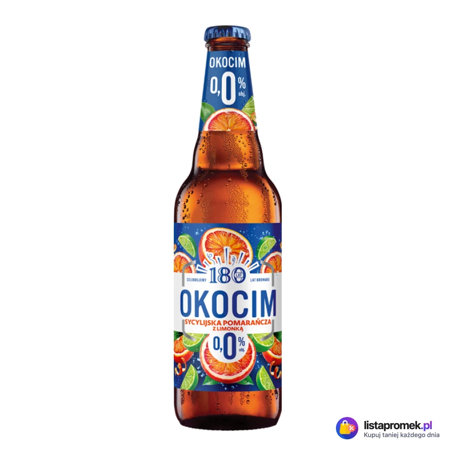 Piwo Okocim Radler 0,0%, 500 ml: ciemna wiśnia, sycylijska pomarańcza z limonką