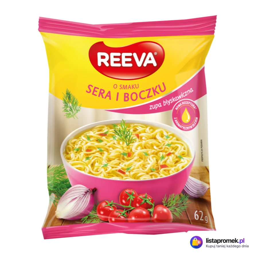 Zupa instant Reeva, o smaku kurczaka, o smaku sera i boczku, o smaku pikantnego kurczaka, o smaku kurczaka z curry